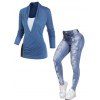 Colorblock Lace Up Ruched Crossover 2 In 1 T Shirt And Zipper Fly Pockets Ripped Jeans Casual Outfit - BLUE S