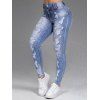 Colorblock Lace Up Ruched Crossover 2 In 1 T Shirt And Zipper Fly Pockets Ripped Jeans Casual Outfit - BLUE S