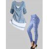 Colorblock Space Dye Print Asymmetric Cowl Collar Lace Ruffled T Shirt And 3D Faux Denim Print Skinny Jeggings Outfit - BLUE S