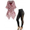 Tribal Flower Print Asymmetric Top Lattice Camisole Set And Lace Up Lace Leggings Casual Outfit - multicolor S
