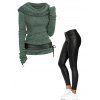 Hooded Cowl Front Lace Up Belted Sweater And PU Skinny Solid Color Zipper Fly Pockets Long Pants - multicolor S