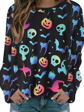Sweat-shirt D'Halloween à Imprimé Chat Citrouille Crâne Coloré à Manches Longues