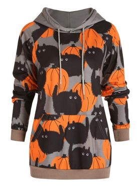 Halloween Hoodie Black Cat Pumpkin Print Drawstring Kangaroo Pocket Long Sleeve Sweatshirt With Hood