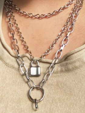 Layered Lock Pendant Chunky Link Chain Necklace For Men