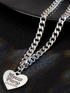 Men Necklace Letter Print Heart Pendant Sliver Necklace