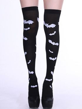 Halloween Contrast Bat Print Masquerade Party Accessory Thigh High Socks