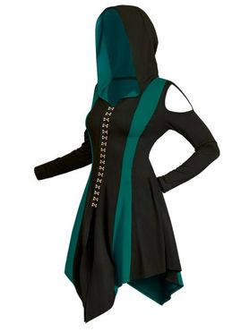 Colorblock Gothic Hooded Dress Cold Shoulder Long Sleeve Dress Lace Up Hasp Button Slit Asymmetric Dress