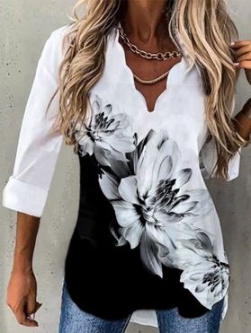 Flower Ink Painting Print Blouse Scalloped V Neck Long Sleeve High Low Blouse