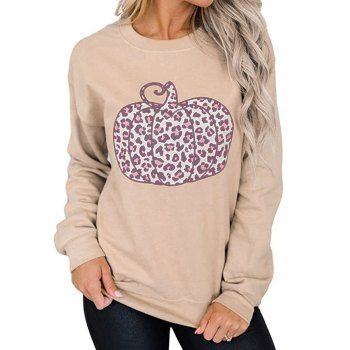 

Leopard Pumpkin Pattern Sweatshirt Round Neck Long Sleeve Sweatshirt, Light yellow