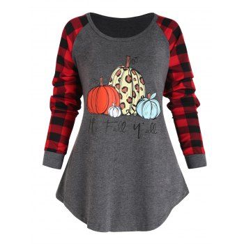 

Halloween T Shirt Plaid Panel Pumpkin Leopard Print Long Sleeve Tee, Dark gray