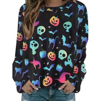 

Halloween Sweatshirt Colored Skull Pumpkin Cat Print Long Sleeve Sweatshirt, Black