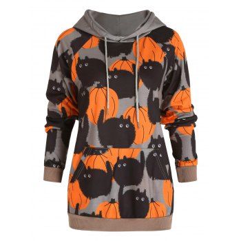 

Halloween Hoodie Black Cat Pumpkin Print Drawstring Kangaroo Pocket Long Sleeve Sweatshirt With Hood, Dark gray