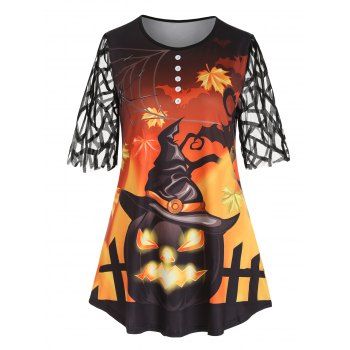 

Halloween T Shirt Pumpkin Bat Spider Print Pipe Lace Panel Gothic Tee, Black