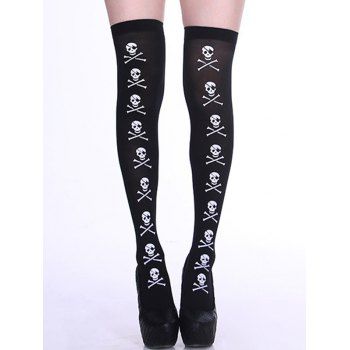 Halloween Contrast Bone Skull Print Thigh High Socks Masquerade Party Accessory Black