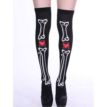 

Halloween Heart Bone Print Masquerade Party Accessory Thigh High Socks, Black