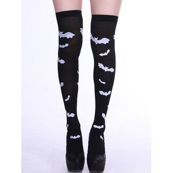 

Halloween Contrast Bat Print Masquerade Party Accessory Thigh High Socks, Black