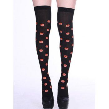 

Halloween Pumpkin Allover Print Masquerade Party Accessory Thigh High Socks, Black