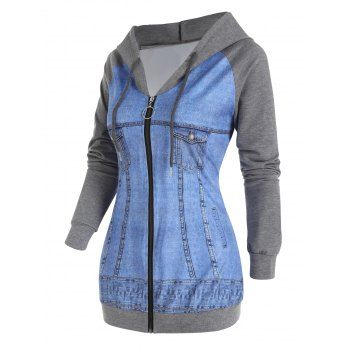 

Faux Denim 3D Print Colorblock Panel Hooded Jacket Raglan Sleeve Zip Up Drawstring Hood Jacket, Light blue