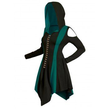 

Colorblock Gothic Hooded Dress Cold Shoulder Long Sleeve Dress Lace Up Hasp Button Slit Asymmetric Dress, Deep green