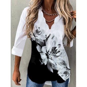 

Flower Ink Painting Print Blouse Scalloped V Neck Long Sleeve High Low Blouse, White