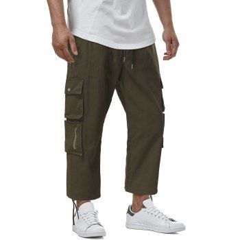 

Solid Color Cargo Pants Pockets Zipper Embellishment Cinched Drawstring Waist Pants, Army green