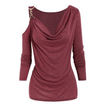 

Cowl Neck T Shirt Heather Cut Out Draped Long Sleeve Casual Tee, Deep red