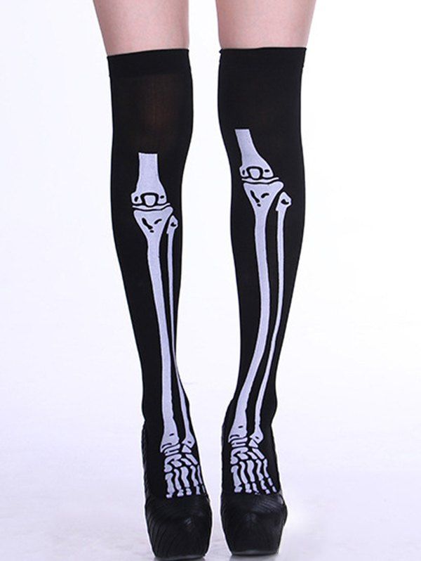 Chaussettes Hautes à Cuisse D'Halloween à Imprimé Squelette - Noir 1 PAIR