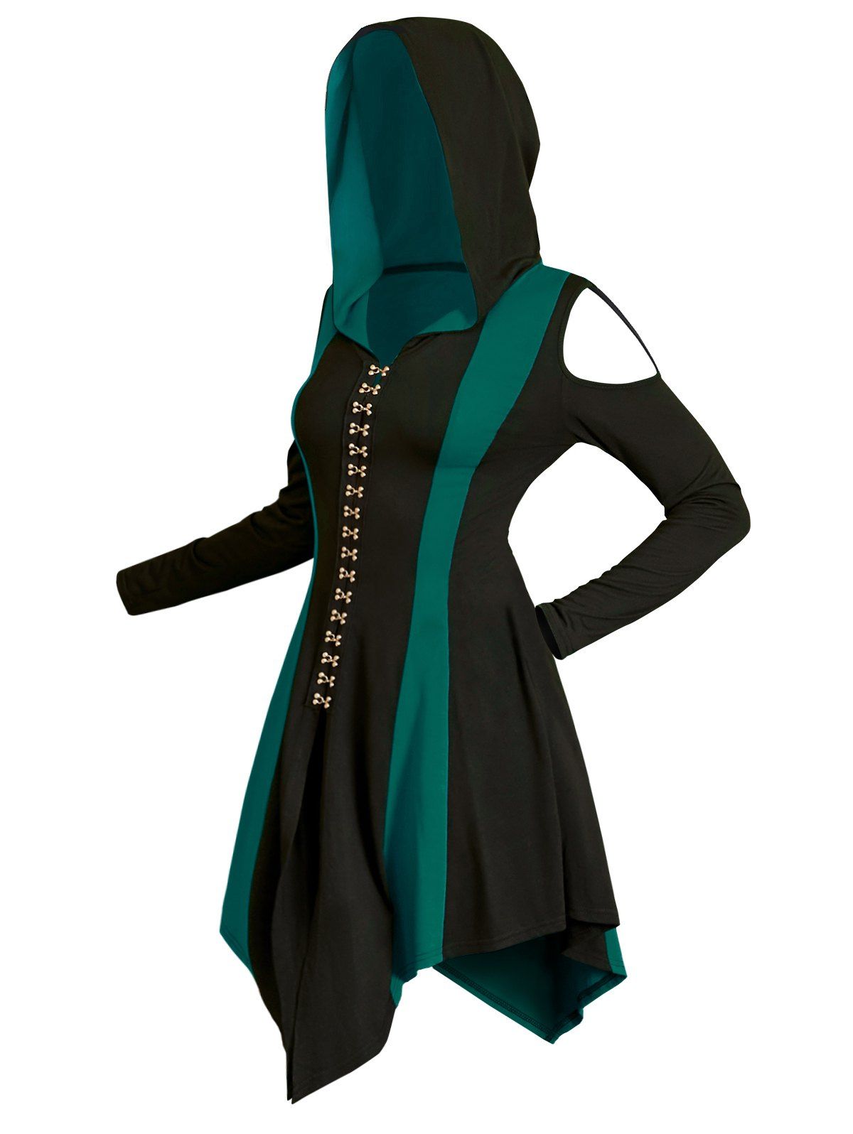 Colorblock Gothic Hooded Dress Cold Shoulder Long Sleeve Dress Lace Up Hasp Button Slit Asymmetric Dress - DEEP GREEN XL
