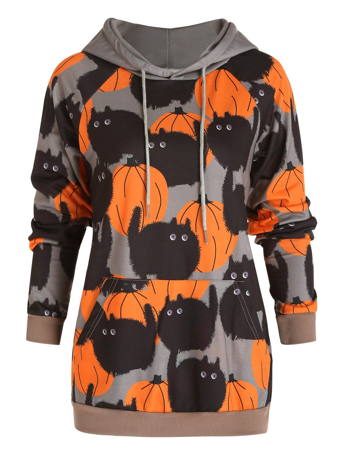 Halloween Hoodie Black Cat Pumpkin Print Drawstring Kangaroo Pocket Long Sleeve Sweatshirt With Hood - DARK GRAY XXL