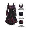 Pumpkin Skull Bat Cat Print Ruffle A Line Mini Dress And Lace Up Slit Tank Top Halloween Gothic Set - BLACK XXL