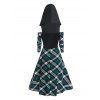 Ensemble de Haut à Capuche Vintage à Carreaux Imprimé à Epaule Dénudée et de Robe - Vert profond XXXL
