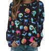 Halloween Sweatshirt Colored Skull Pumpkin Cat Print Long Sleeve Sweatshirt - BLACK XXL