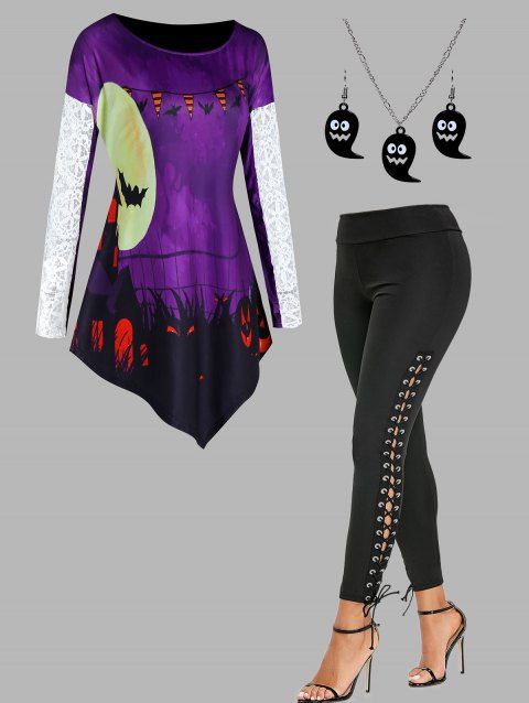 Halloween Pumpkin Bat Pattern Lace Panel Asymmetric T Shirt Lace Up Pants And Cartoon Ghost Necklace Earrings Outfit