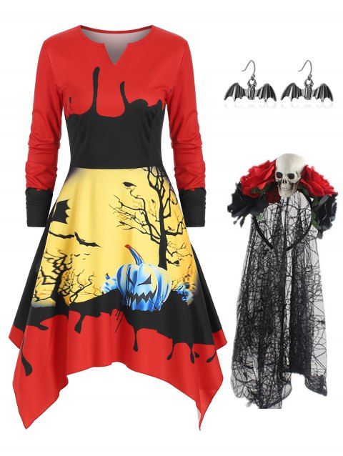 Costume D'Halloween Asymétrique à Imprimé Fleur et Chauve-souris en Tulle à Manches Longues avec Bandeau Tulle