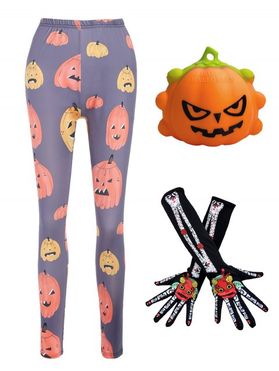 Halloween Cartoon Pumpkin Print Pants And Flower Skull Print Full Finger Long Arm Gloves Stress Relief Toy Set