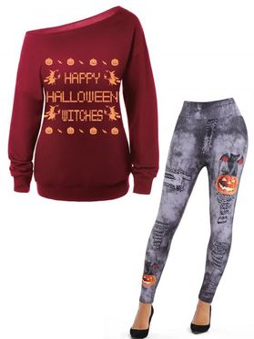 Skew Neck Witches Print Sweatshirt And Pumpkin Bat Cat Denim 3D Print Jeggings Halloween Outfit