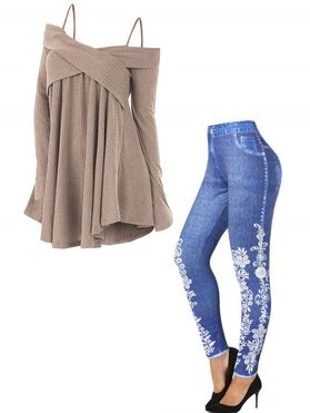 Cold Shoulder Crossover Plain Sweater And Flower Faux Denim 3D Print Jeggings Casual Outfit