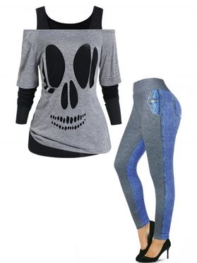 Skull Cut Out Off The Shoulder Top Plain Tee Set And Faux Demin Spliced 3D Print Leggings Outfit
