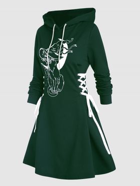 Gothic Hoodie Dress Cat Hat Moon Print Lace Up Long Sleeve A Line Mini Dress