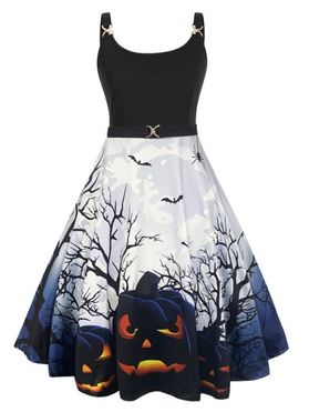 Plus Size Halloween Pumpkin Tree Branches Bat Print A Line Dress Metal Twist Ring High Waist Combo Dress