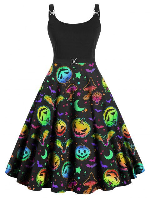 Plus Size Halloween Psychedelic Pumpkin Mushroom Moon Print A Line Dress Twisted Ring High Waist Dress
