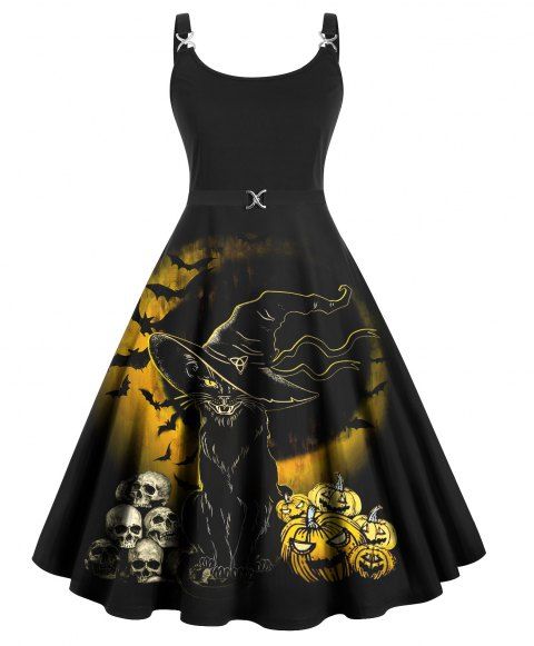 Plus Size Halloween Pumpkin Black Cat Print A Line Dress Twisted Ring High Waist Cami Dress