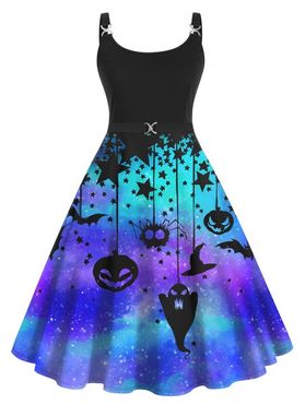 Plus Size Halloween Pumpkin Ghost Star Galaxy Print A Line Dress High Waist Twisted Ring Cami Dress