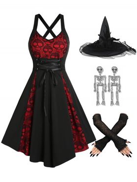 Skull Lace Godet Lace Up Crisscross A Line Dress And Lace Gloves Skeleton Earrings Witch Hat Halloween Party Outfit