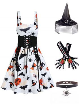Pumpkin Bat Spider Print Lace Up Dress And Sun Pendant Choker Witch Hat Arm Gloves Halloween Outfit