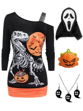 Halloween Pumpkin Dinosaur Bat Moon Print Skew Collar T Shirt And Skull Mask Stress Relief Toy Ghost Earrings Necklace Set
