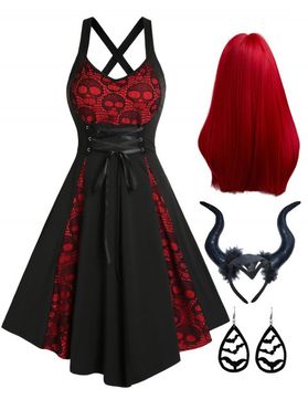 Halloween Outfit Lace Skull Insert Cross Lace Up A Line Dress And Devil Horn Headband Party Long Wig Waterdrop Bat Earrings Set