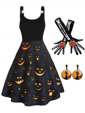 Halloween Outfit Pumpkin Print Dress And Skeleton Flower Print Long Arm Gloves Witch Print Drop Earrings Set
