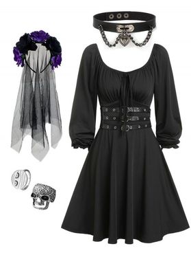 Tied Buckle A Line Dress And Skull Rings Chain Heart Choker Mesh Veil Tulle Wreath Headband Halloween Outfit