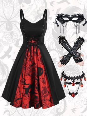 Grommet Lace Up Skull A Line Dress And Butterfly Skeleton Chain Mask Lace Choker Bandage Gloves Halloween Outfit